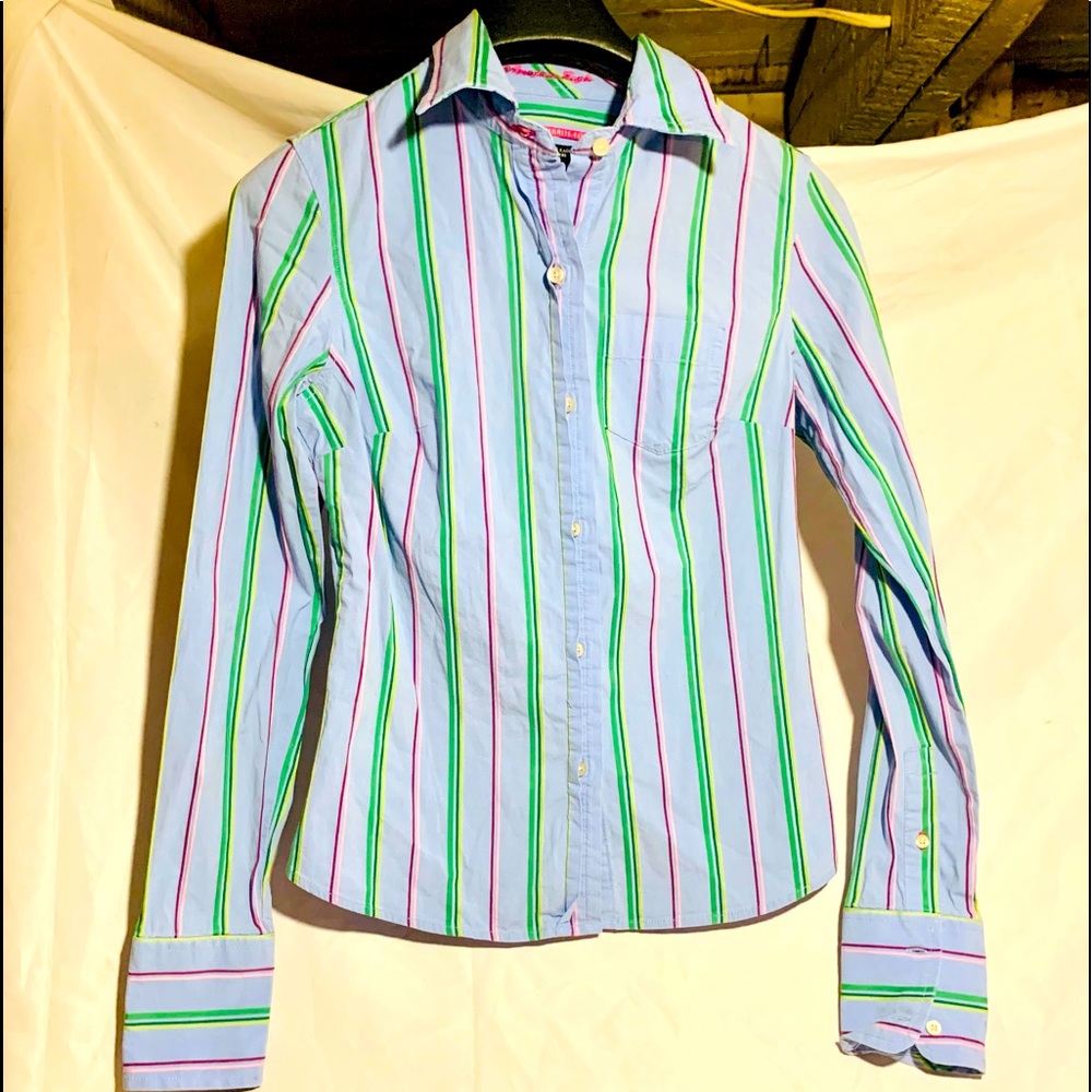 Ladies Sz0 AE Blue/pink/green striped button down